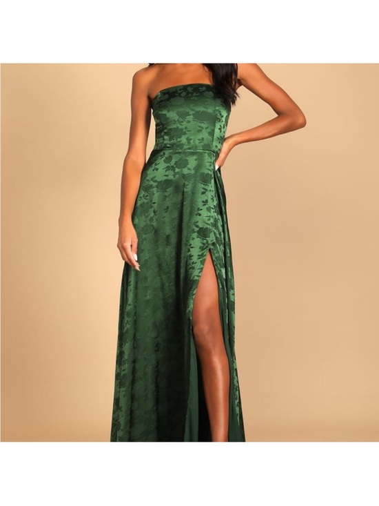 Lulus Dresses & Skirts - Made to Marvel Emerald Green Satin Jacquard Strapless Maxi Dress side slit L
